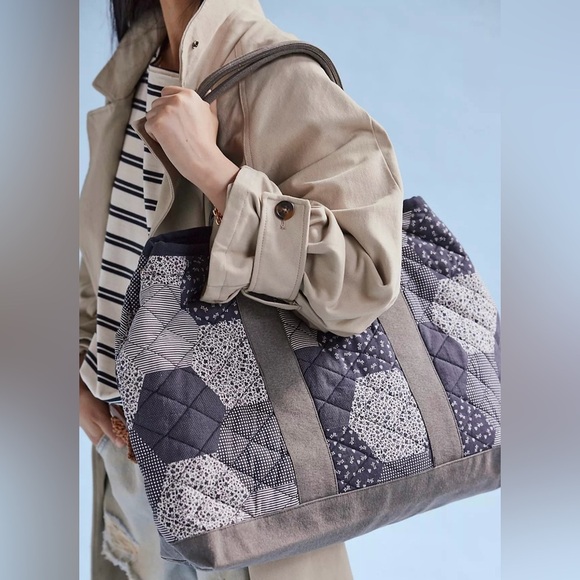 Nwt Free People Pippa Patchwork Tote in Blue Mix New $128 Cotton - Picture 2 of 9